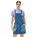 MENDED CHECK DENIM PINAFORE ELBİSE Stone Wash